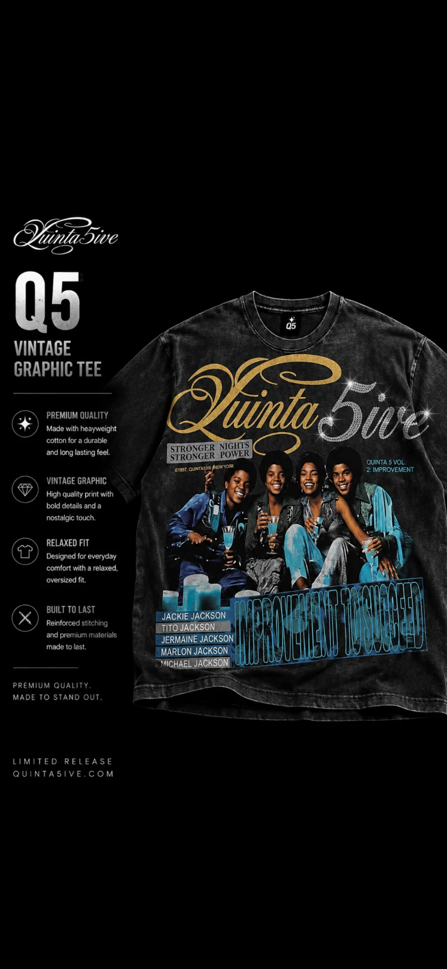 Quinta 5ive vintage washed black graphic tee with gold script logo and rhinestone details