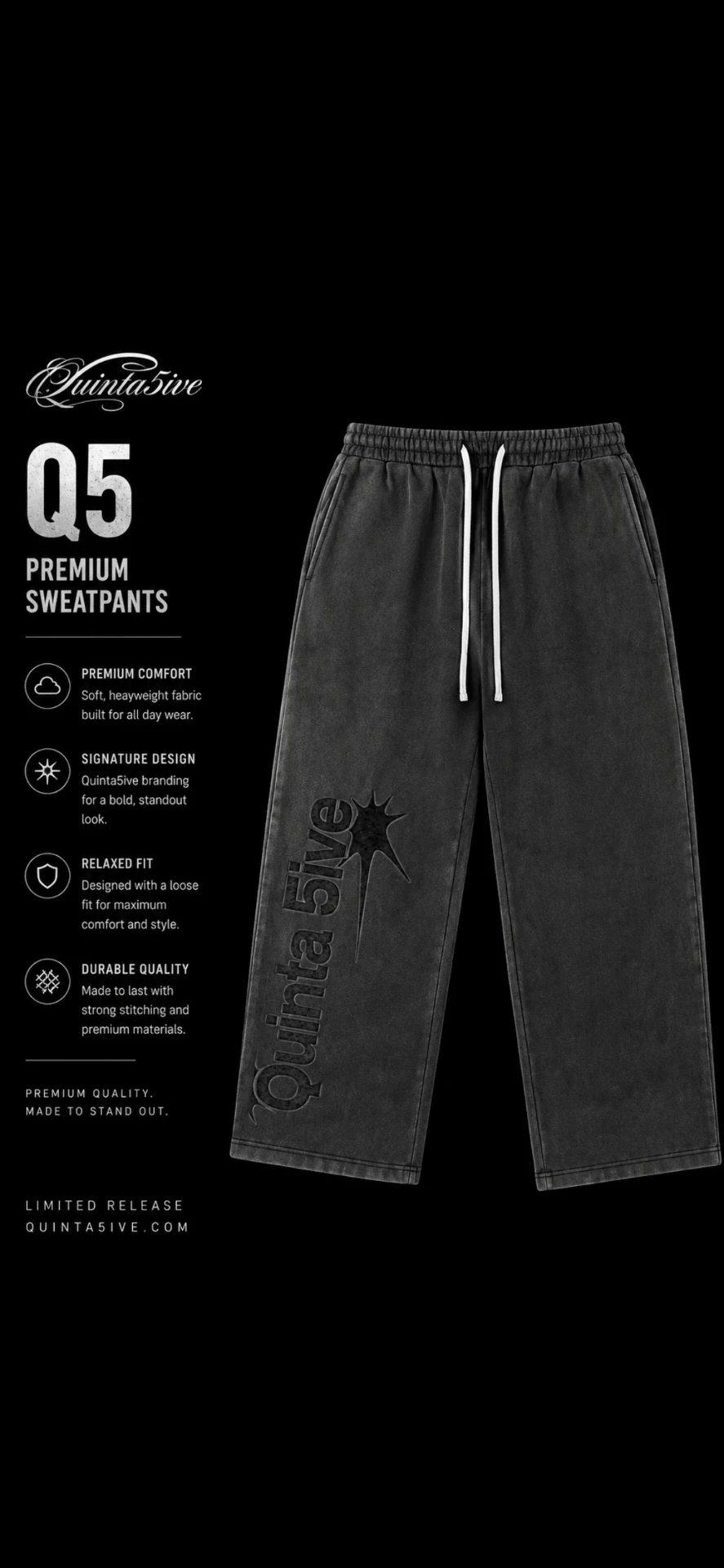 Quinta 5ive faded grey wide leg sweatpants with star logo on the leg