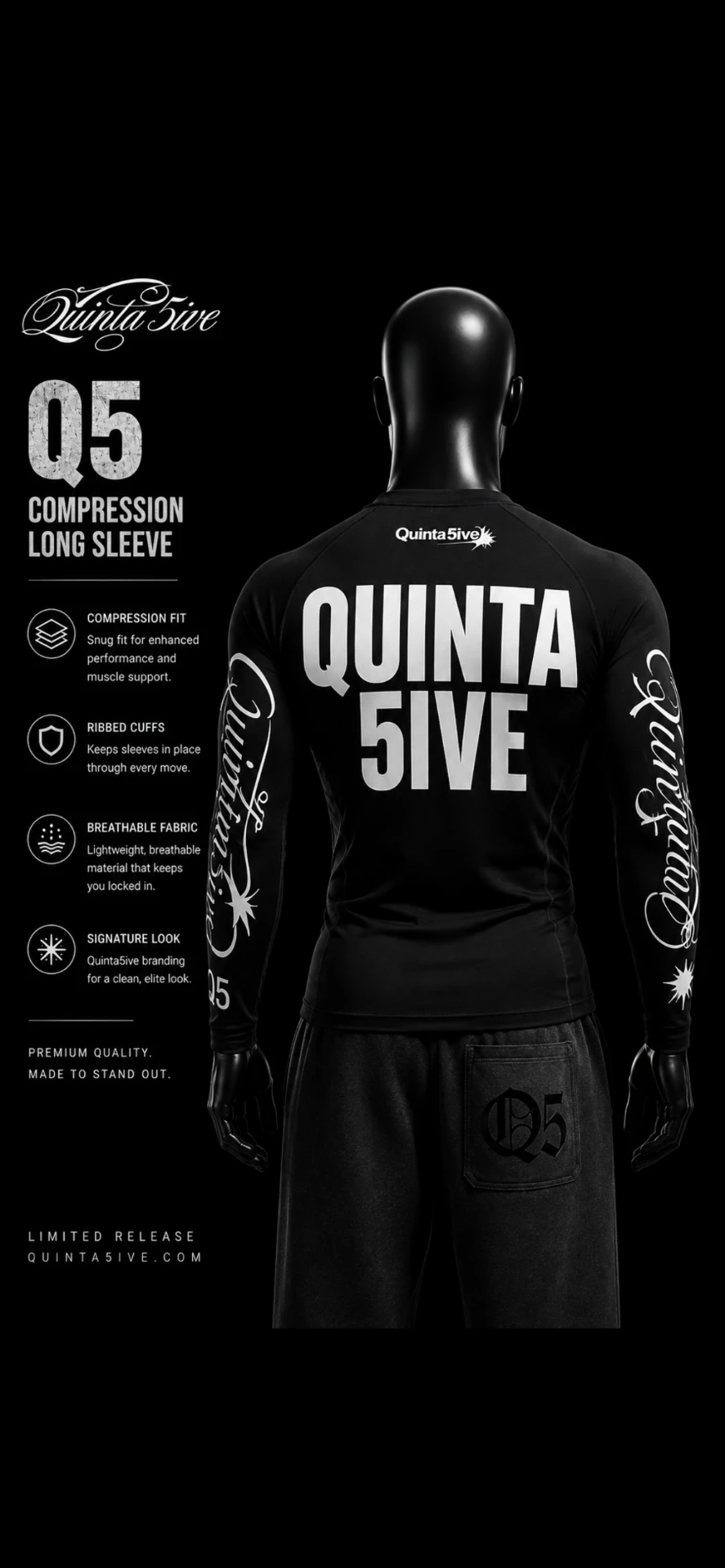 Quinta 5ive black long sleeve compression shirt with script sleeve print