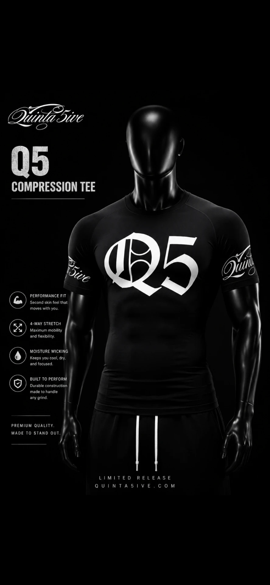 Quinta 5ive black short sleeve compression tee with Q5 chest logo