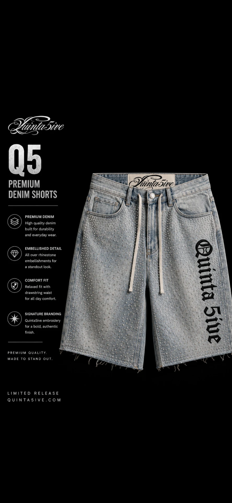 Quinta 5ive rhinestone washed denim baggy shorts with gothic side script